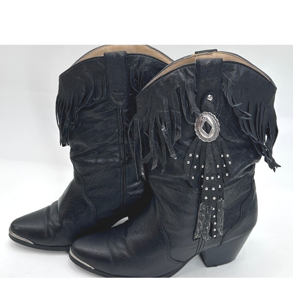 Vintage Dingo Black Leather Fringe Western Cowboy Boots Studded Concho Size 6